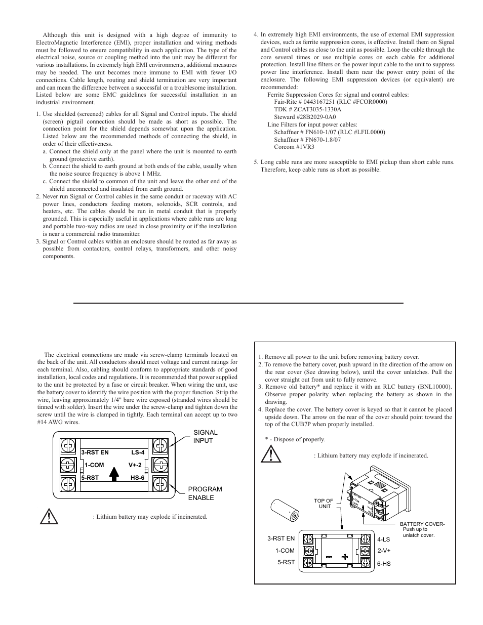 Emc installation guidelines, Wiring connections, Battery installation | Red Lion CUB7 User Manual | Page 3 / 8