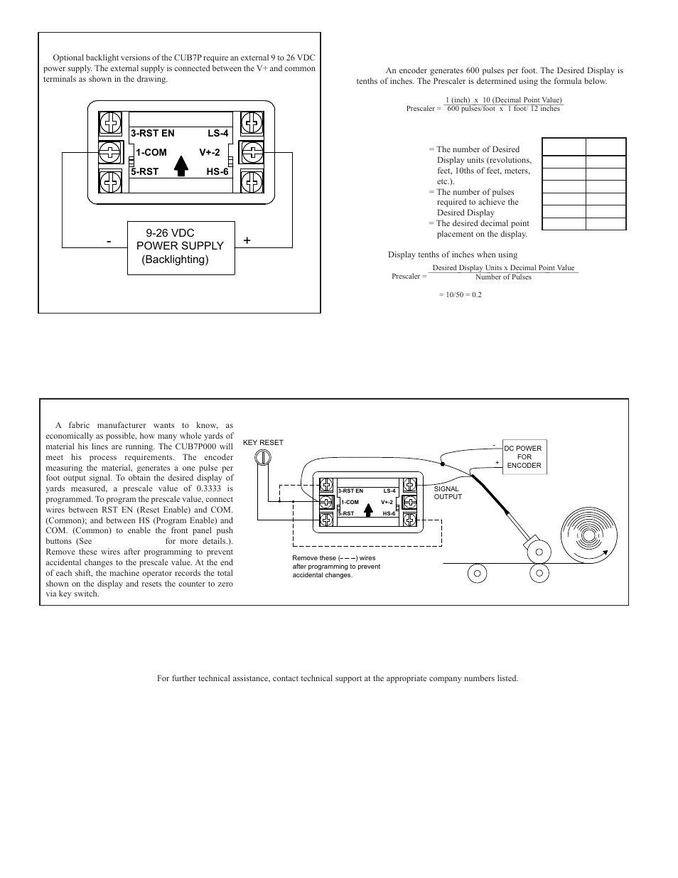 Programming examples, Backlight option, Application - total yards of material | Troubleshooting, 26 vdc power supply (backlighting) | Red Lion CUB7 User Manual | Page 6 / 8