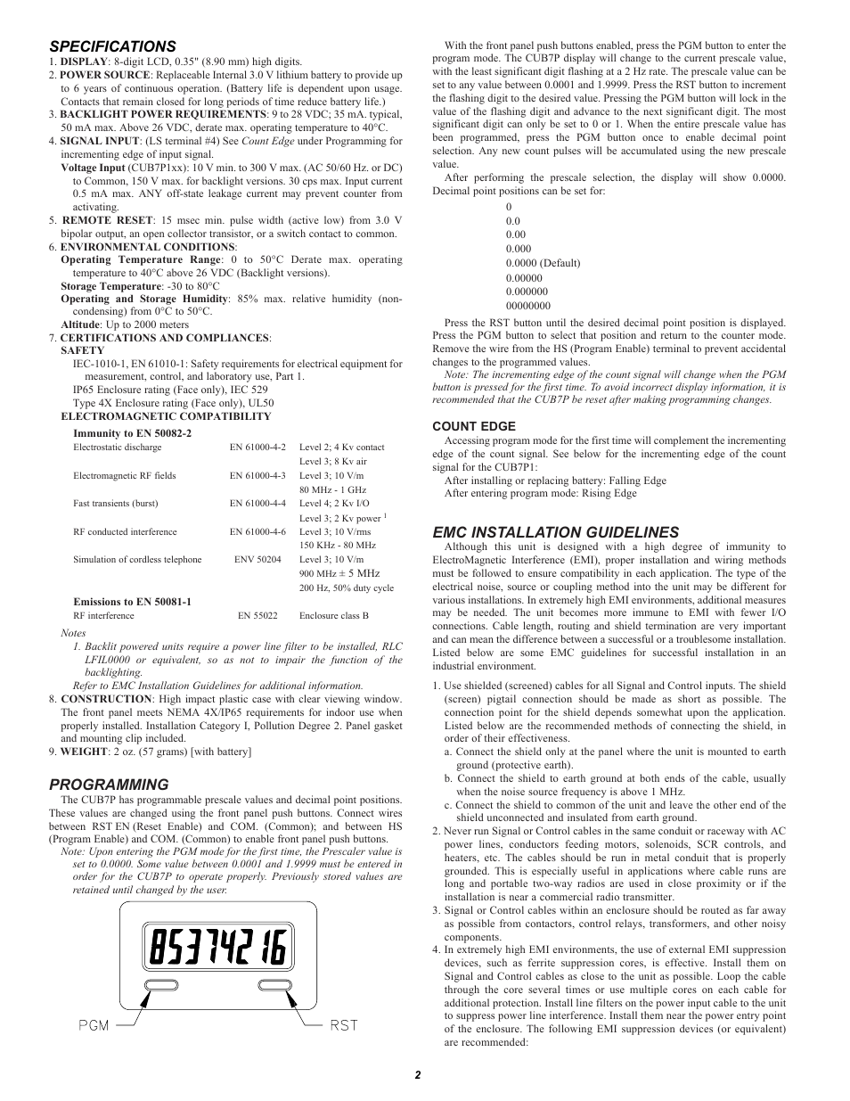 Specifications, Programming, Emc installation guidelines | Red Lion CUB7 User Manual | Page 2 / 4