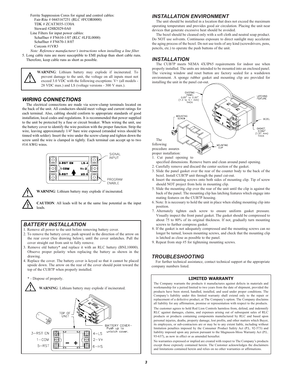 Wiring connections, Battery installation, Installation environment | Installation, Troubleshooting | Red Lion CUB7 User Manual | Page 3 / 4