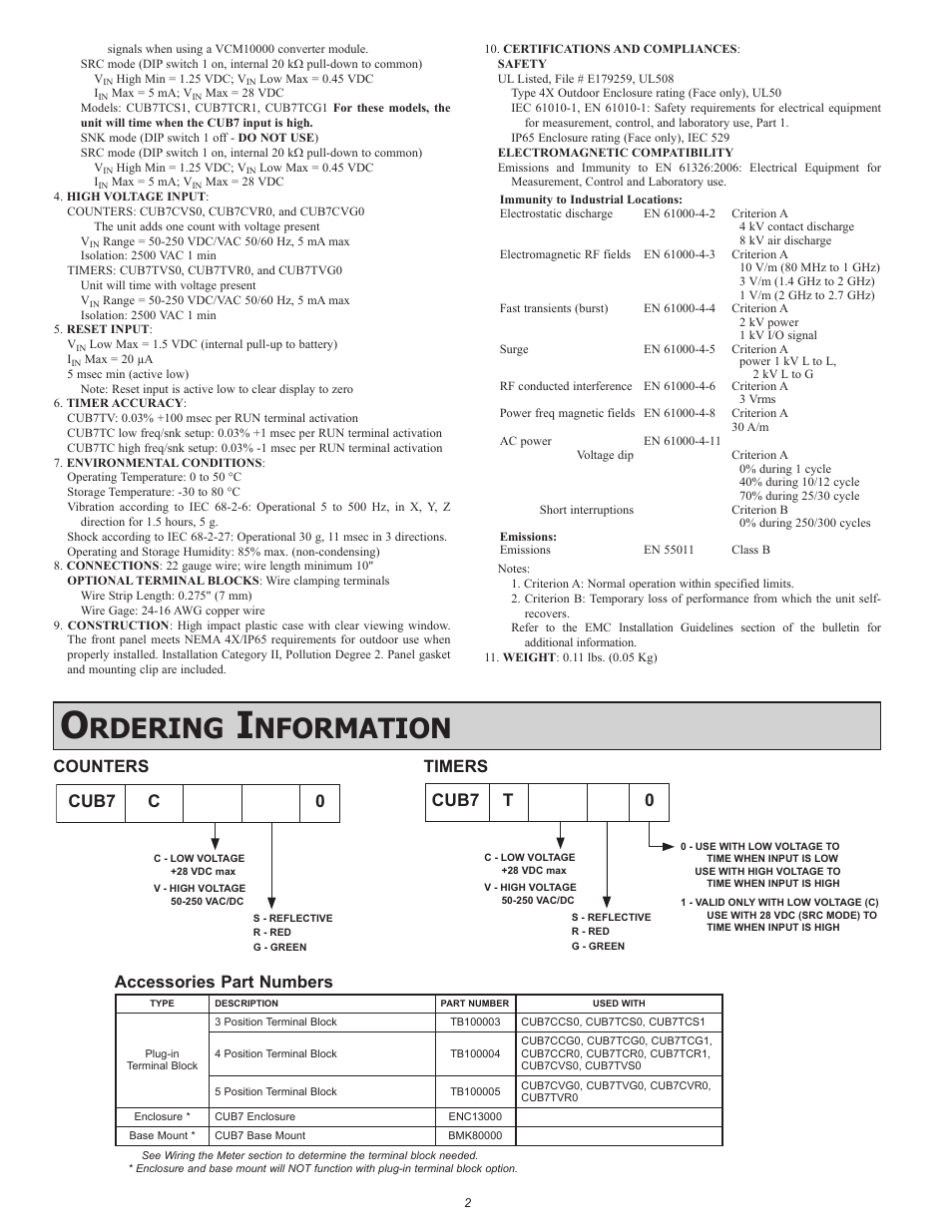 Rdering, Nformation, Accessories part numbers | Cub7 0, Counters cub7 0, Timers | Red Lion CUB7T User Manual | Page 2 / 8