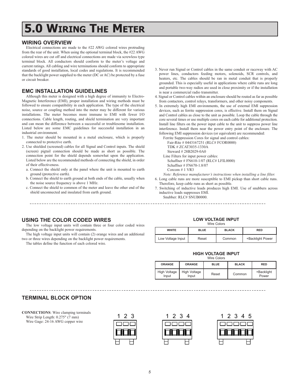 Iring, Eter, Wiring overview | Emc installation guidelines, Using the color coded wires, Terminal block option | Red Lion CUB7T User Manual | Page 5 / 8