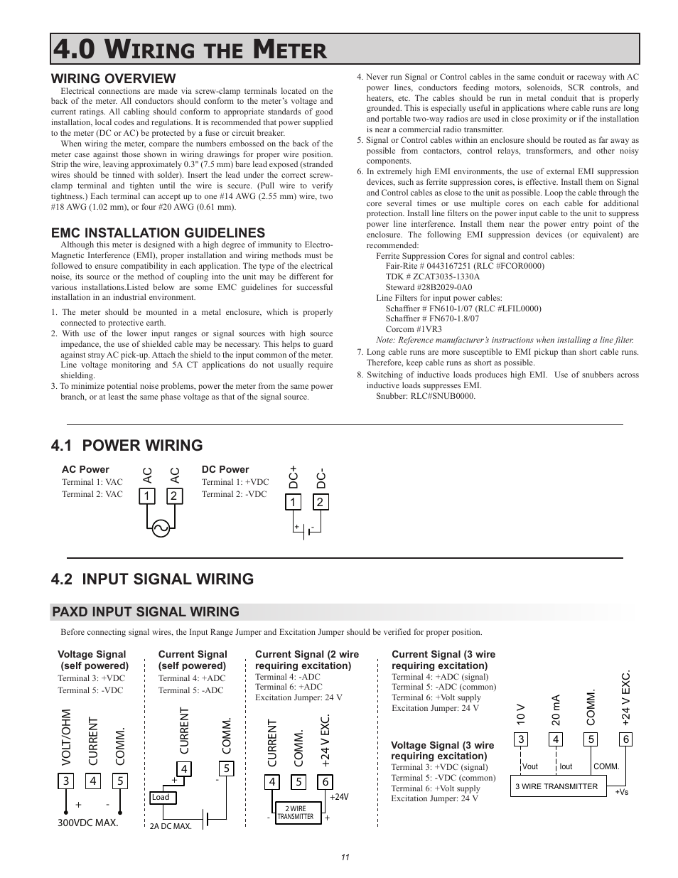 Iring, Eter, 1 power wiring | 2 input signal wiring, Wiring overview, Emc installation guidelines, Paxd input signal wiring | Red Lion PAXT User Manual | Page 11 / 36