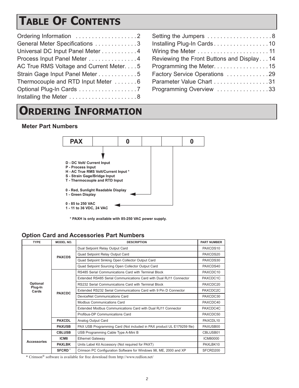 Able, Ontents, Rdering | Nformation, Pax 0 0 | Red Lion PAXT User Manual | Page 2 / 36