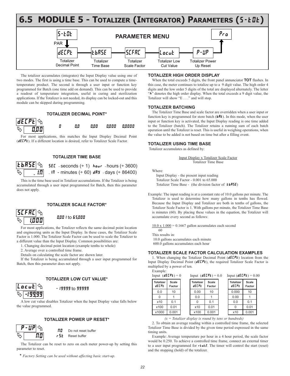 5 module 5 - t, Tot tbase decpt scfac locut p-up, Otalizer | Ntegrator, Arameters, Parameter menu | Red Lion PAXT User Manual | Page 22 / 36