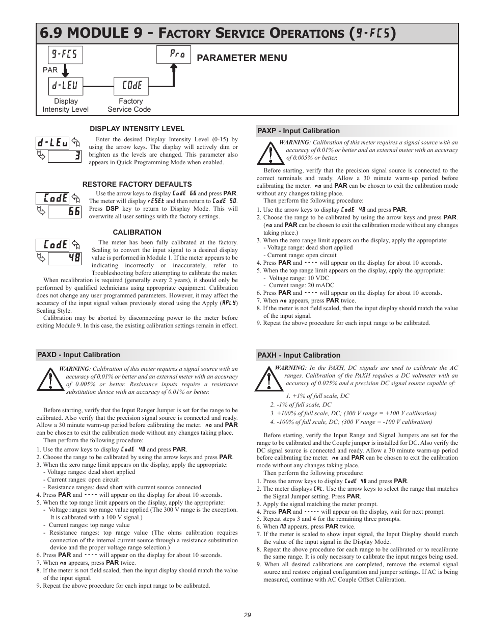 9 module 9 - f, D-lev, Fcs pro | Code, Actory, Ervice, Perations, Parameter menu | Red Lion PAXT User Manual | Page 29 / 36