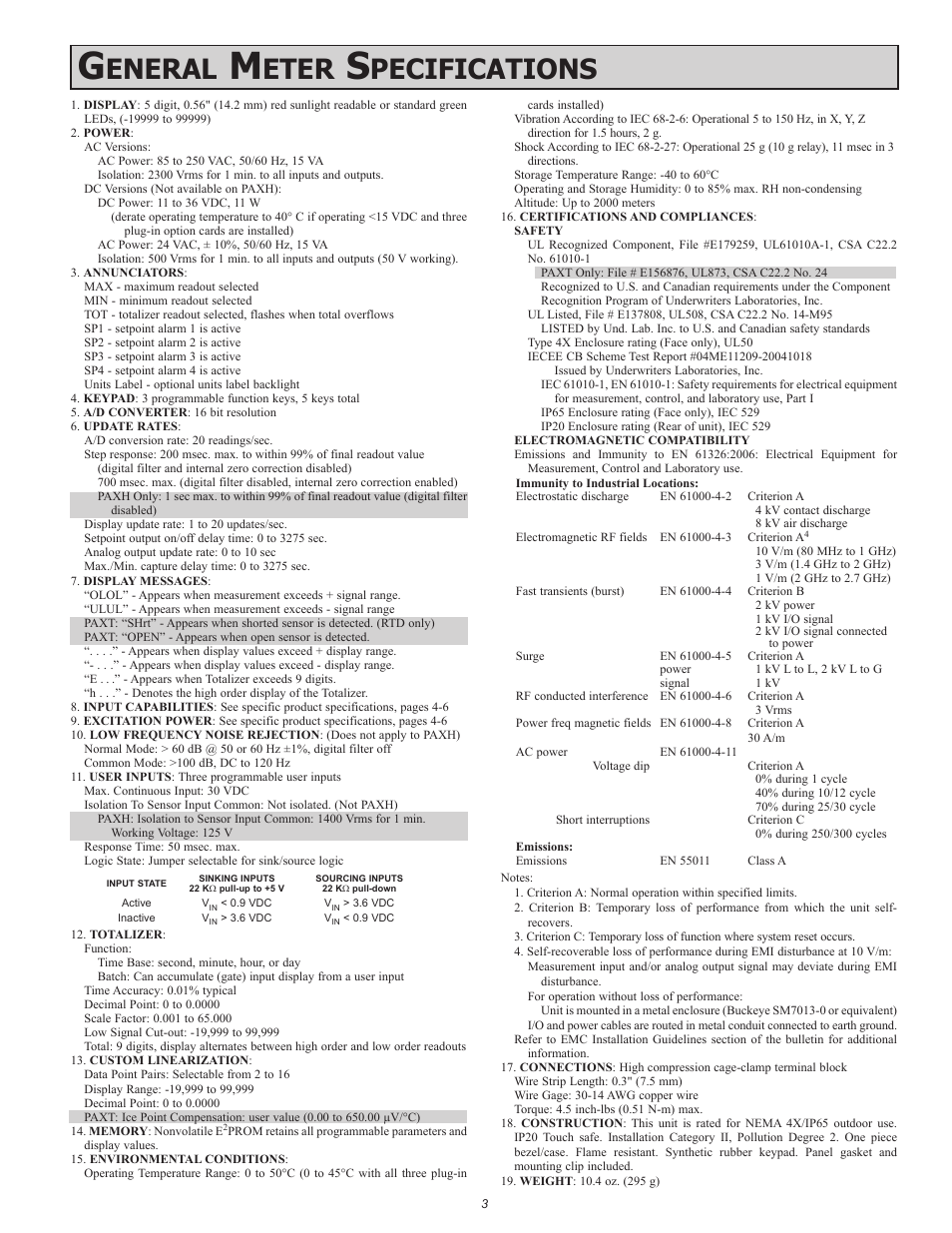Eneral, Eter, Pecifications | Red Lion PAXT User Manual | Page 3 / 36