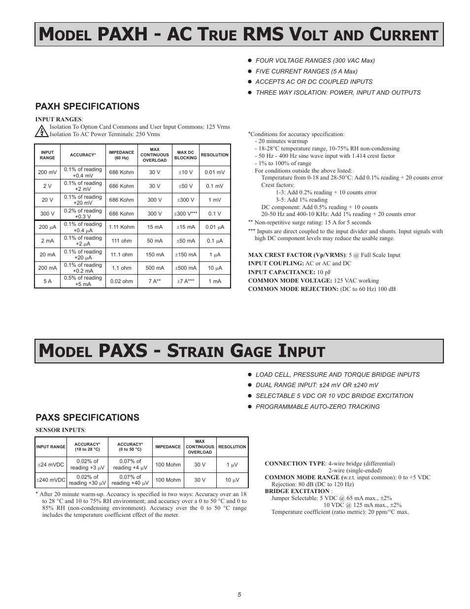 Paxh - ac t, Rms v, Paxs - s | Odel, Urrent, Train, Nput, Paxs specifications, Paxh specifications | Red Lion PAXT User Manual | Page 5 / 36