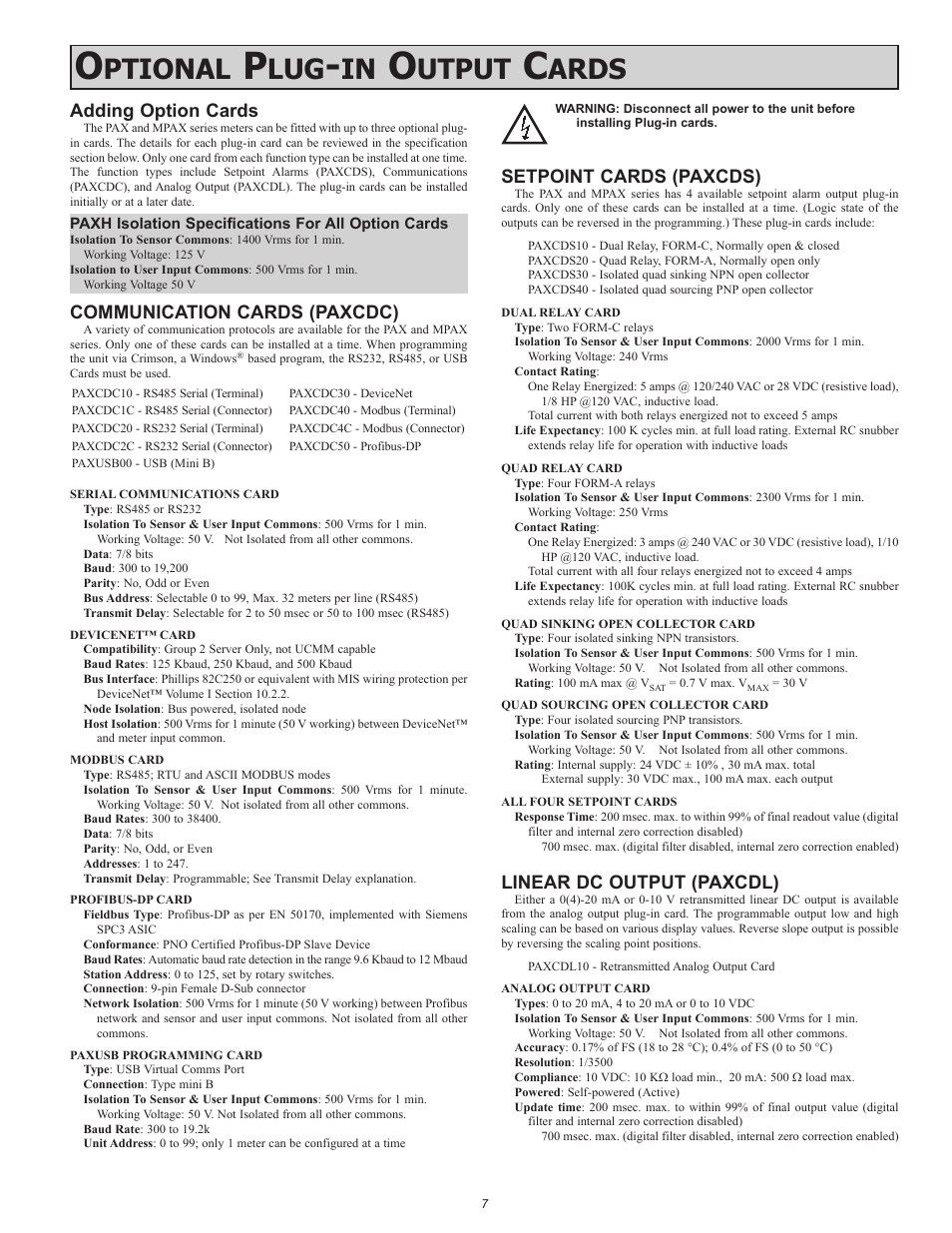 Ptional, Utput, Ards | Adding option cards, Communication cards (paxcdc), Setpoint cards (paxcds), Linear dc output (paxcdl) | Red Lion PAXT User Manual | Page 7 / 36