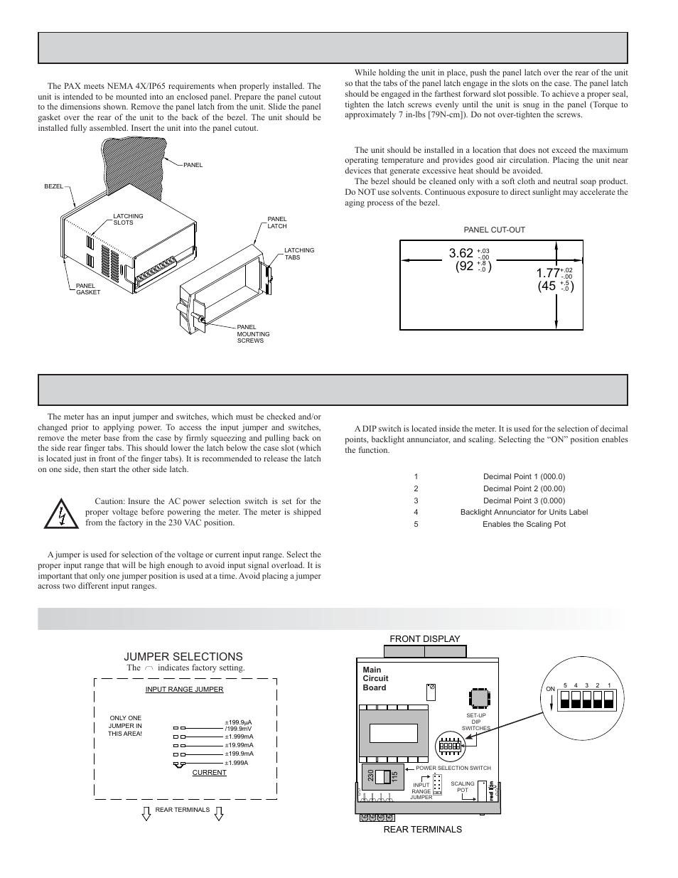 Etting, Umpers, Witches | Nstalling, Eter, Paxli jumper selection, Installation, Installation environment | Red Lion PAXLVD User Manual | Page 4 / 8