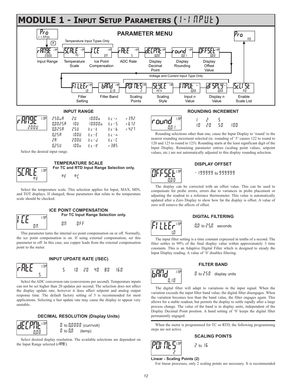 Range, Module 1 - i, Ran9e | Rate, Round, Decpnt, Offset, Filter, Band, Points | Red Lion PAX2A User Manual | Page 12 / 36