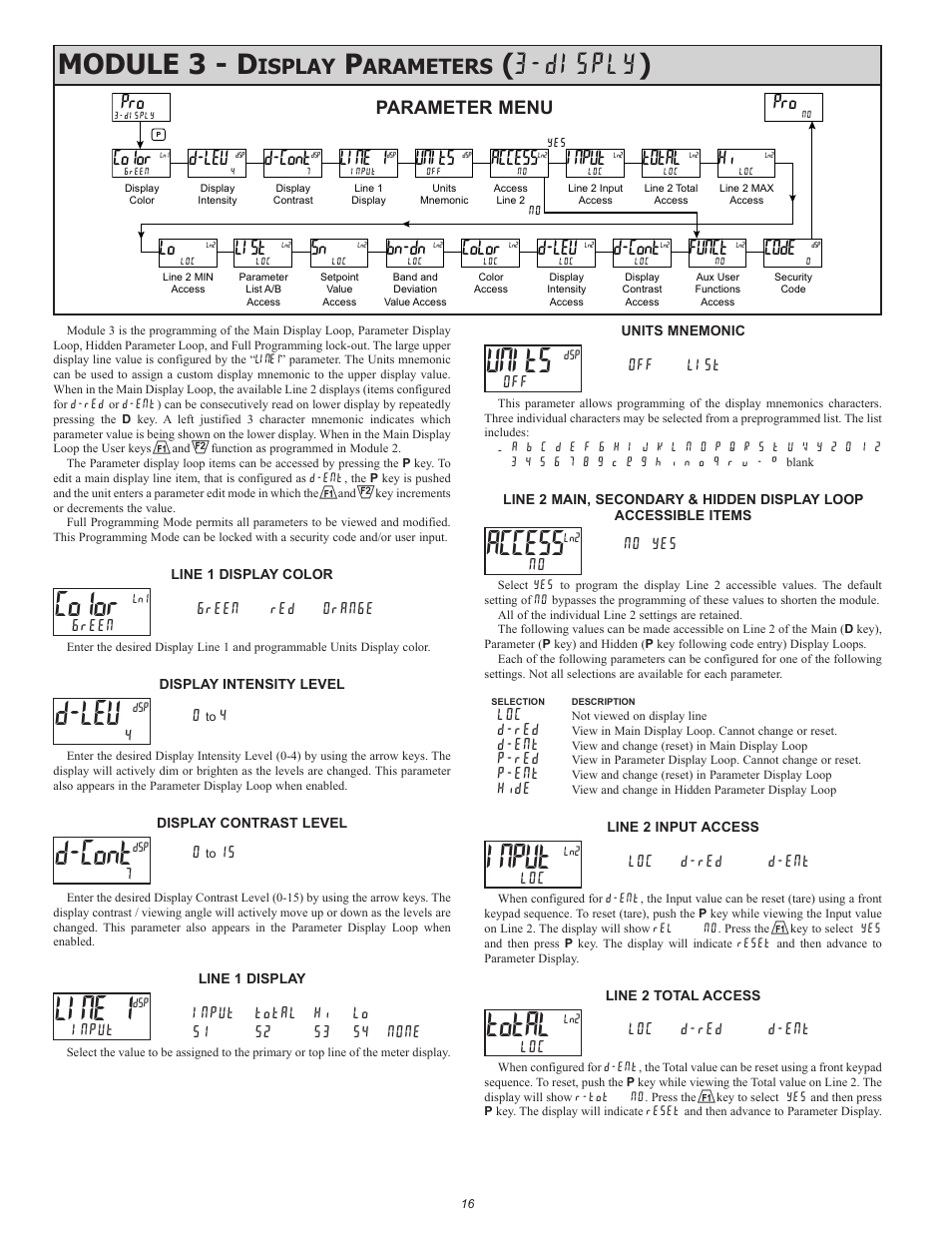 Module 3 - d, Disply ), Isplay | Arameters, Color, D-lev, Line 1, D-cont, Units, Access | Red Lion PAX2A User Manual | Page 16 / 36