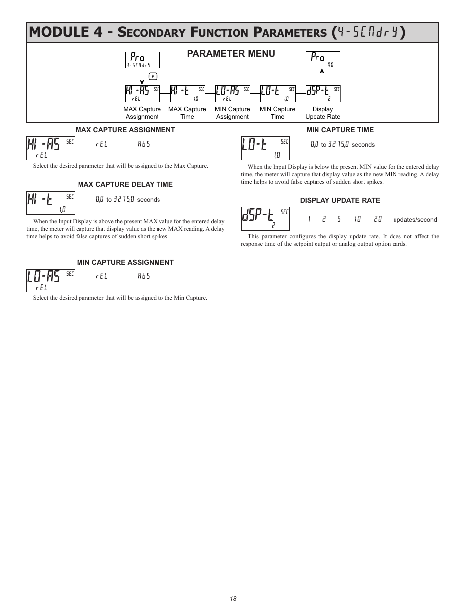 Module 4 - s, Scndry ), Hi-as | Hi-t, Lo-as, Lo-t, Dsp-t, Econdary, Unction, Arameters | Red Lion PAX2A User Manual | Page 18 / 36