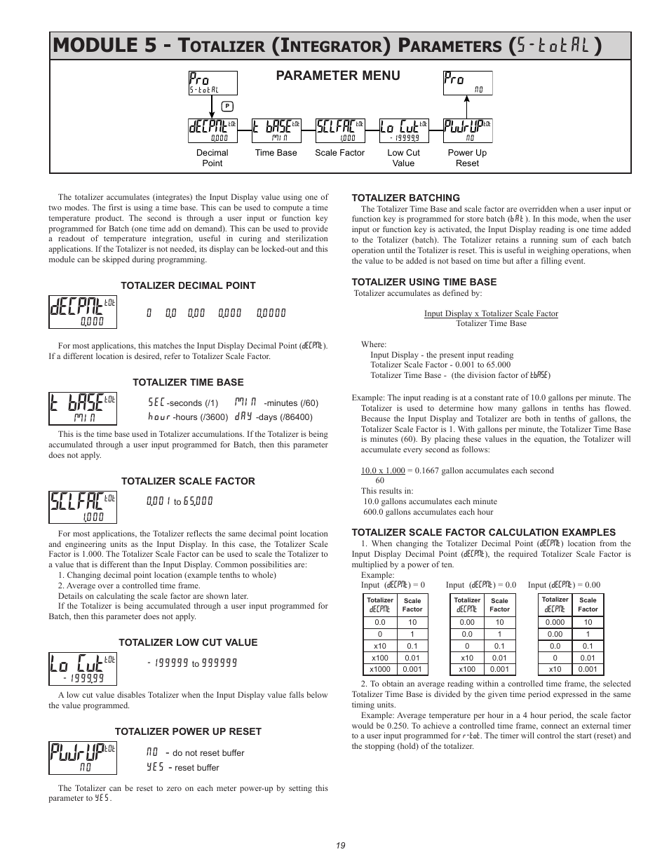 Module 5 - t, Total ), Decpnt | T base, Sclfac, Lo cut, Pwrup, Otalizer, Ntegrator, Arameters | Red Lion PAX2A User Manual | Page 19 / 36
