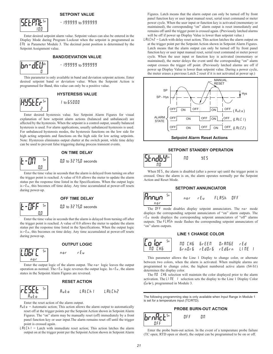Setpnt, Bn-dev, Hyster | T-on, T-off, Logic, Reset, Stndby, Annun, Color | Red Lion PAX2A User Manual | Page 21 / 36