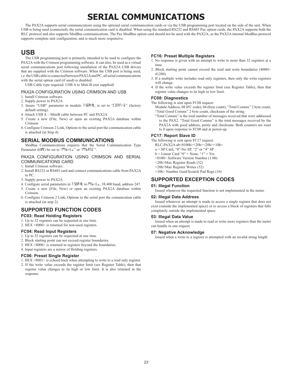 Serial communications, Serial modbus communications, Supported function codes | Supported exception codes | Red Lion PAX2A User Manual | Page 23 / 36