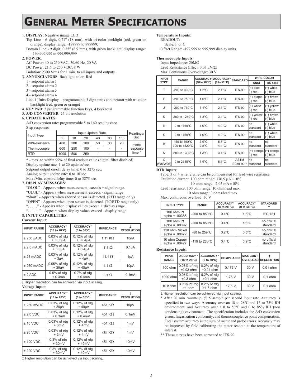Eneral, Eter, Pecifications | Red Lion PAX2A User Manual | Page 3 / 36