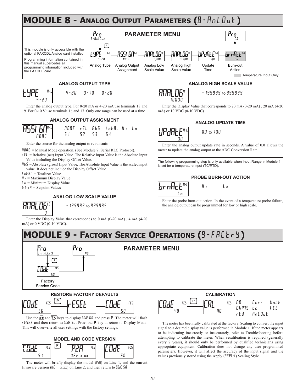 Reset, Module 9 - f, Factry ) | Module 8 - a, Anlout ), Code, Type, Assign, Analog, Update | Red Lion PAX2A User Manual | Page 31 / 36
