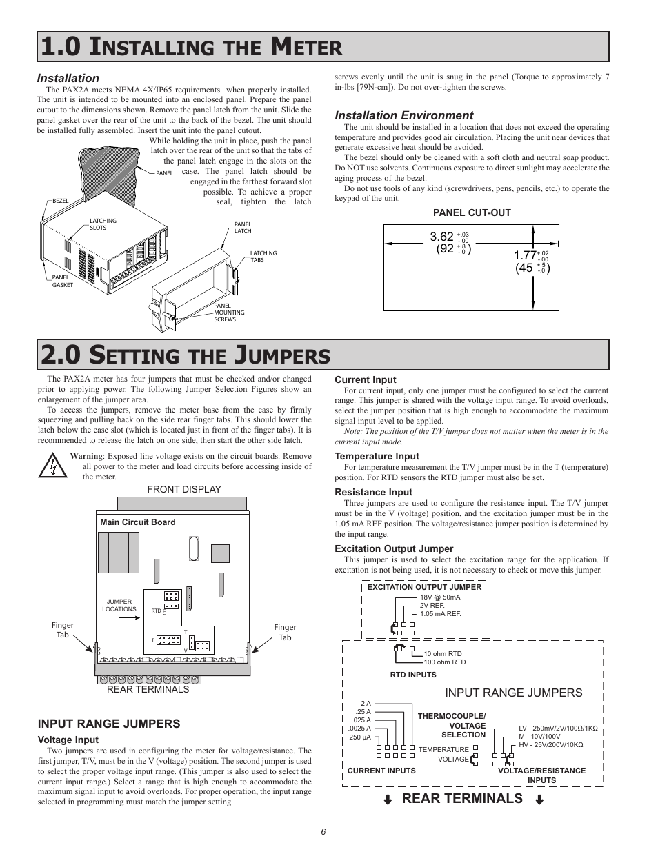 Nstalling, Eter, Etting | Umpers, Rear terminals, Installation, Installation environment, Input range jumpers | Red Lion PAX2A User Manual | Page 6 / 36