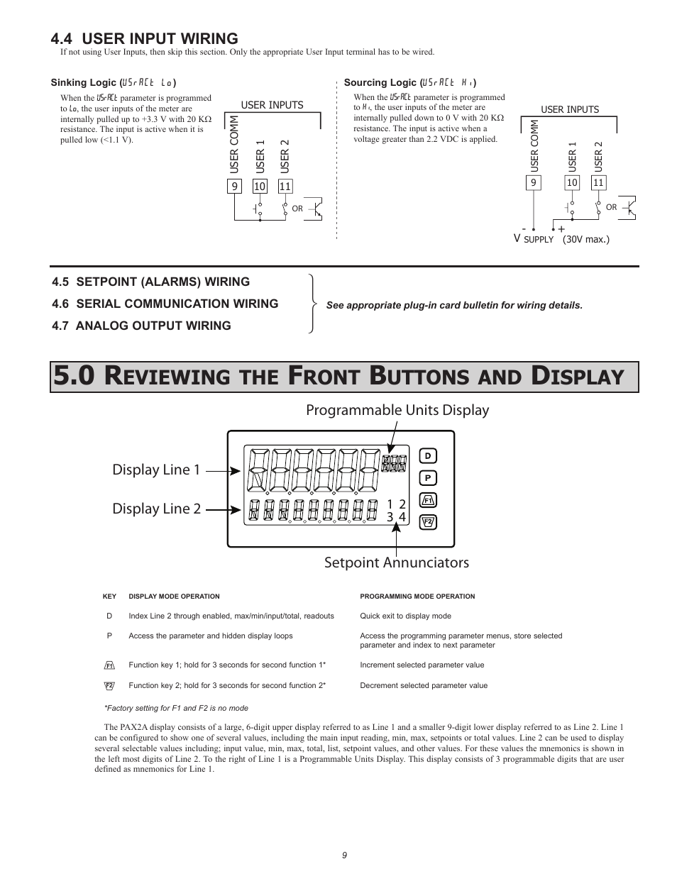 Eviewing, Ront, Uttons | Isplay, 4 user input wiring, Setpoint annunciators | Red Lion PAX2A User Manual | Page 9 / 36