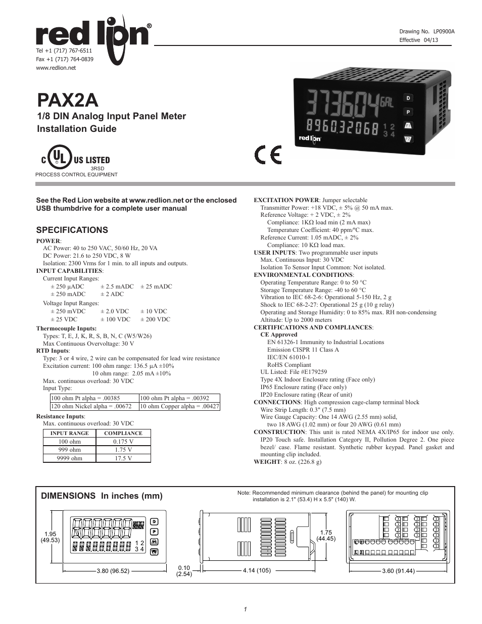 Red Lion PAX2A User Manual | 4 pages