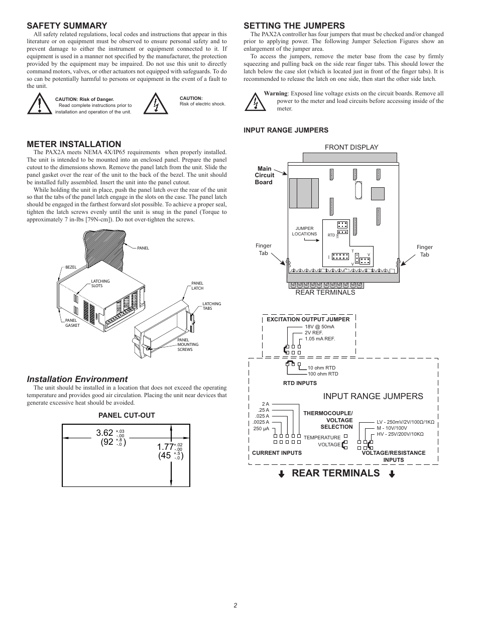 Rear terminals, Safety summary, Meter installation | Installation environment, Setting the jumpers, Input range jumpers | Red Lion PAX2A User Manual | Page 2 / 4