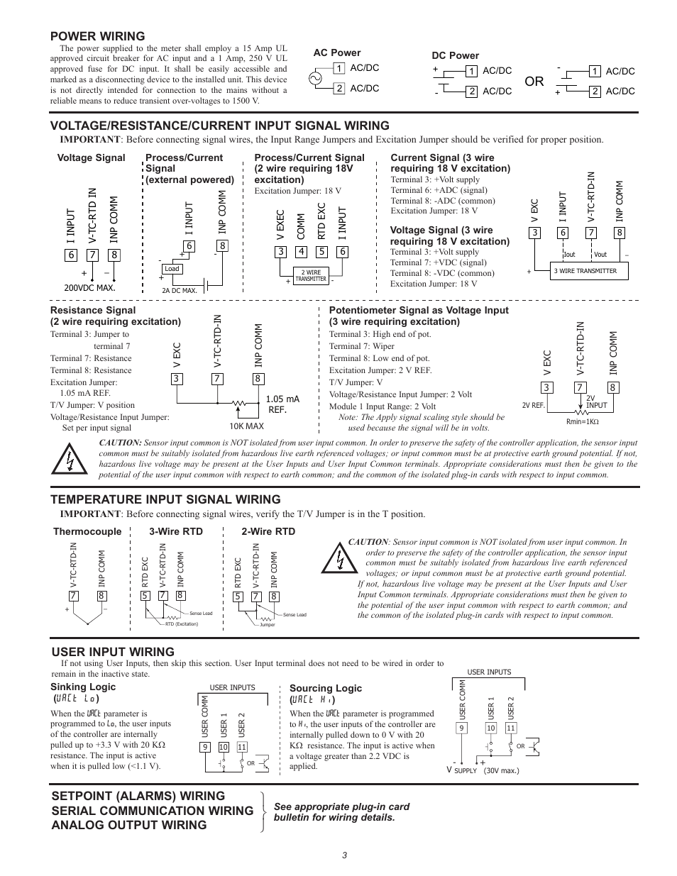 Power wiring, Voltage/resistance/current input signal wiring, Temperature input signal wiring | User input wiring | Red Lion PAX2A User Manual | Page 3 / 4