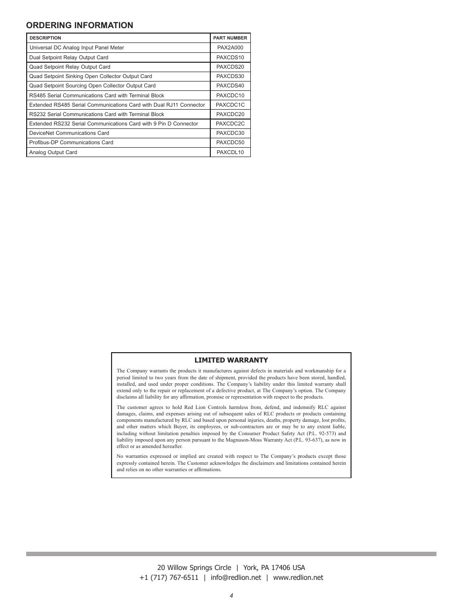 Ordering information | Red Lion PAX2A User Manual | Page 4 / 4