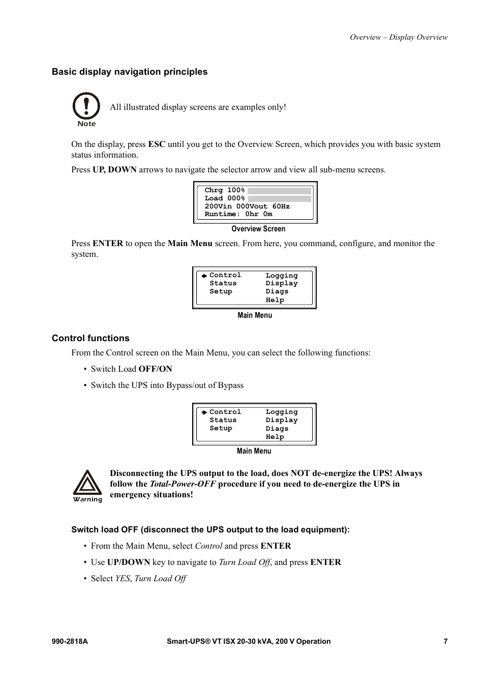 Basic display navigation principles, Control functions | American Power Conversion Smart-UPS User Manual | Page 13 / 36