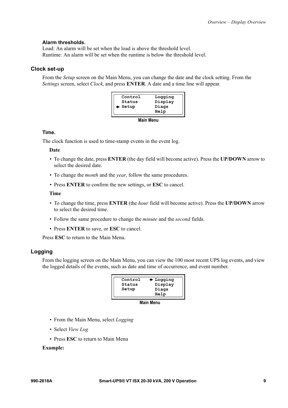 Clock set-up, Logging | American Power Conversion Smart-UPS User Manual | Page 15 / 36