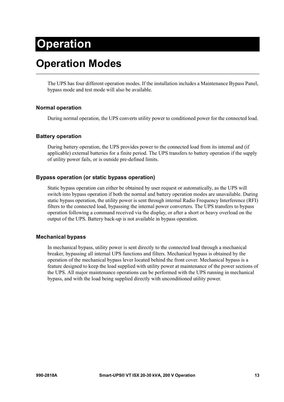 Operation, Operation modes, Normal operation | Battery operation, Bypass operation (or static bypass operation), Mechanical bypass | American Power Conversion Smart-UPS User Manual | Page 19 / 36