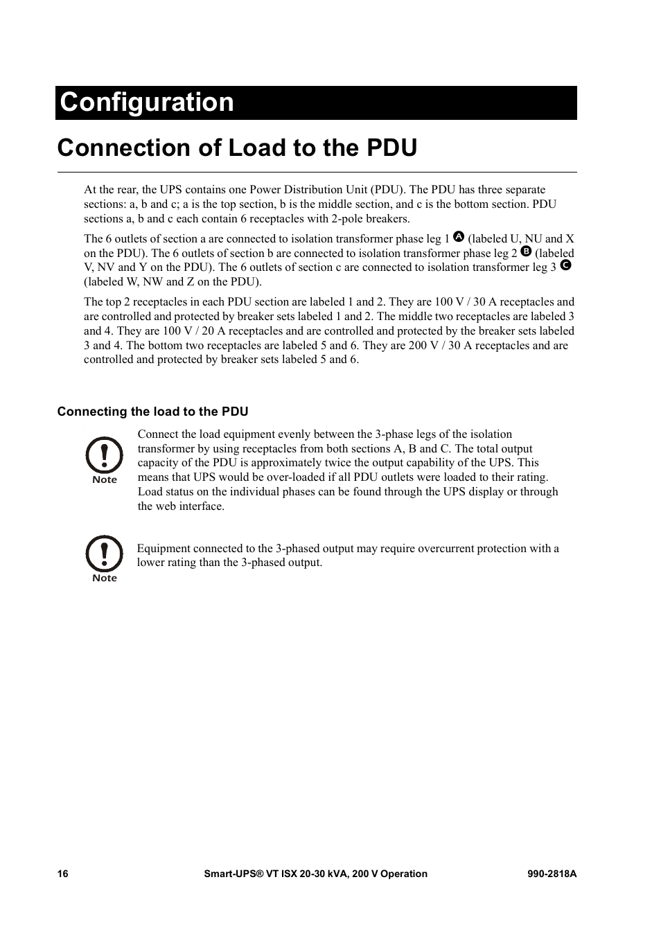 Configuration, Connection of load to the pdu, Connecting the load to the pdu | American Power Conversion Smart-UPS User Manual | Page 22 / 36