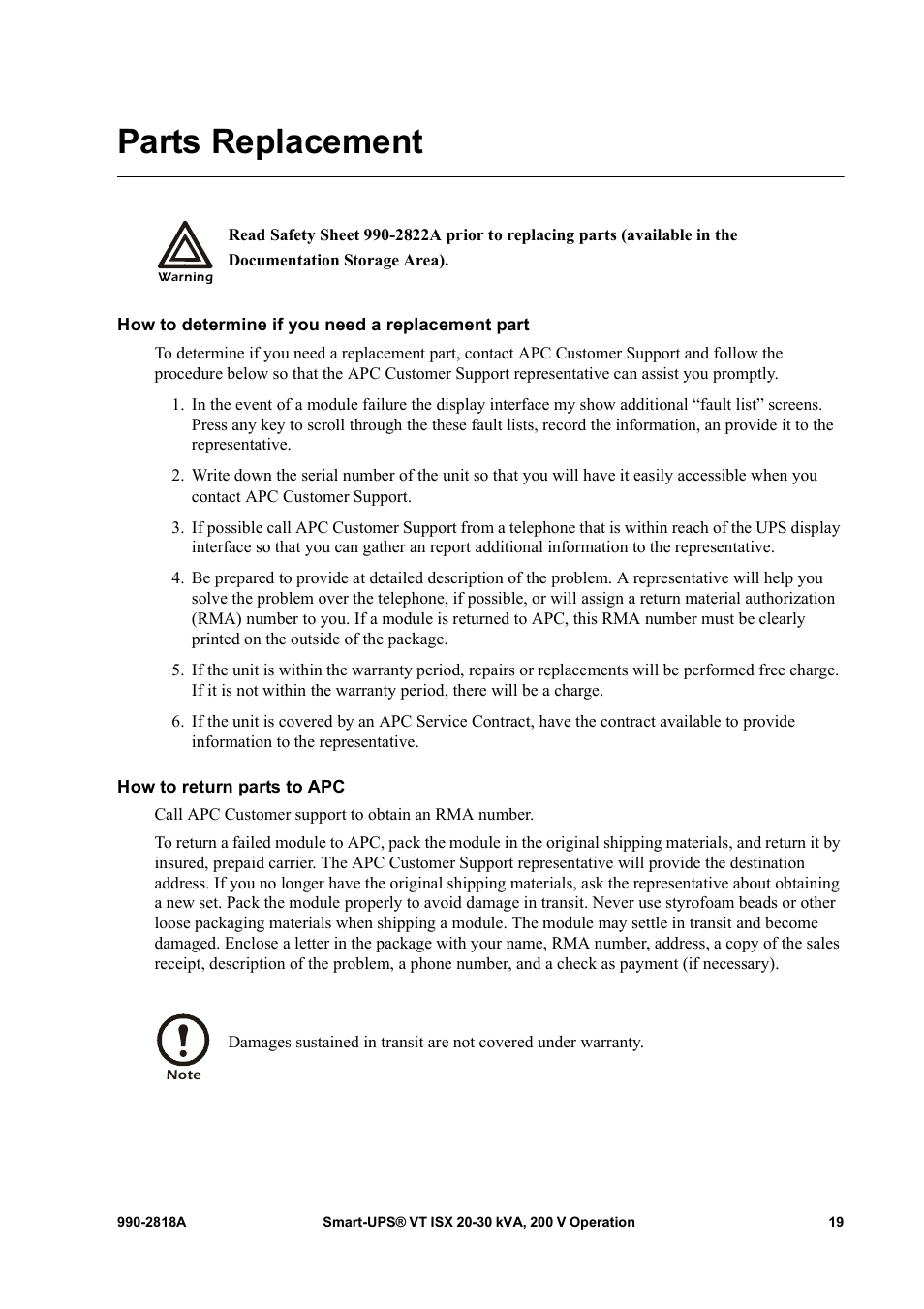 Parts replacement, How to determine if you need a replacement part, How to return parts to apc | American Power Conversion Smart-UPS User Manual | Page 25 / 36