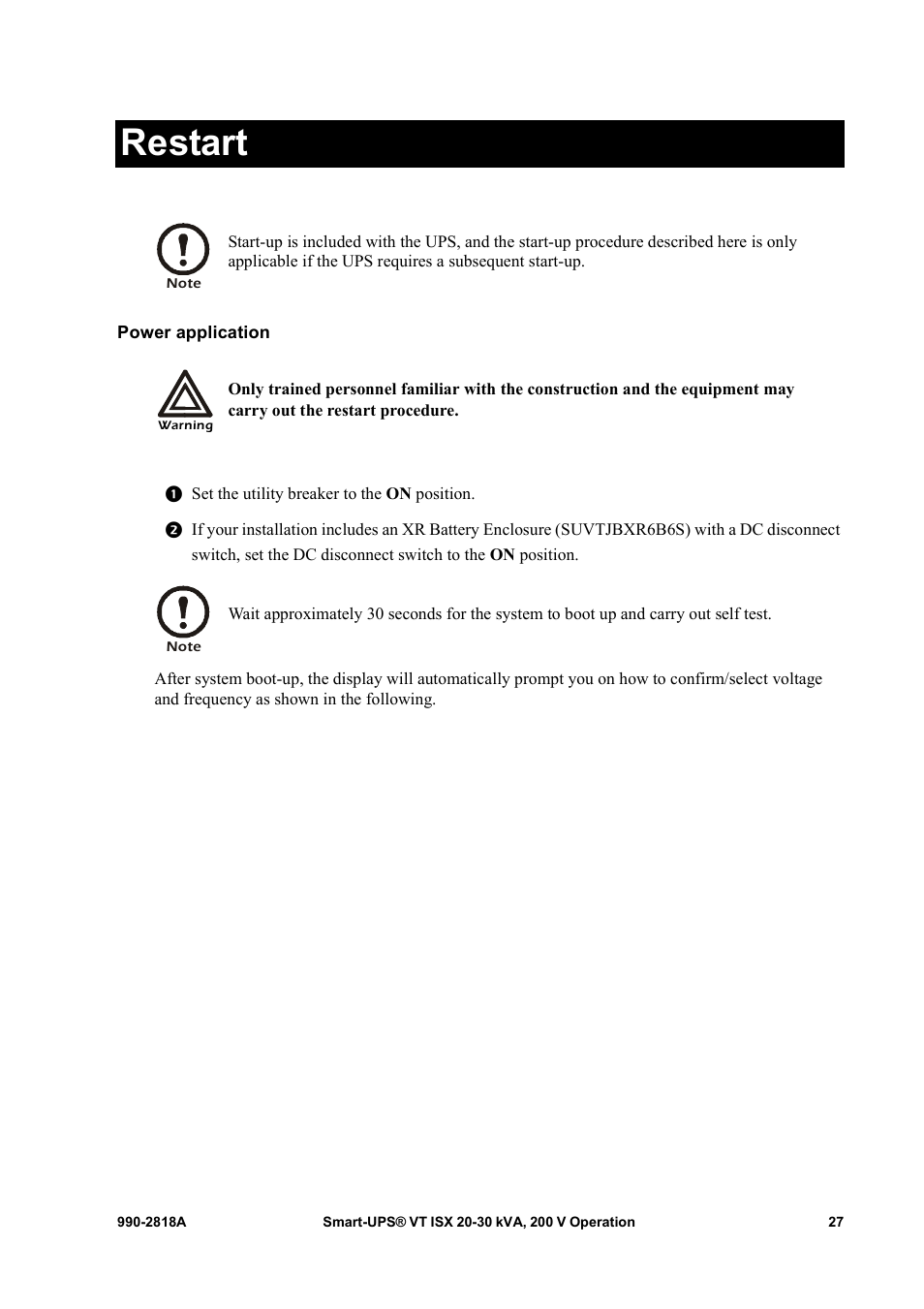 Restart, Power application | American Power Conversion Smart-UPS User Manual | Page 33 / 36