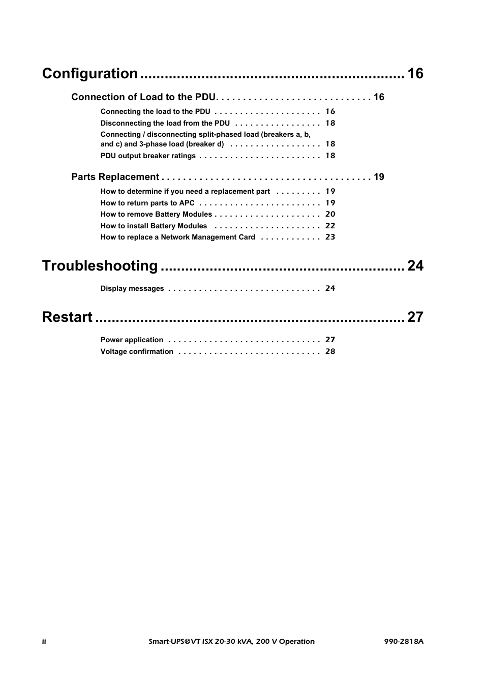 Configuration, Troubleshooting, Restart | American Power Conversion Smart-UPS User Manual | Page 6 / 36