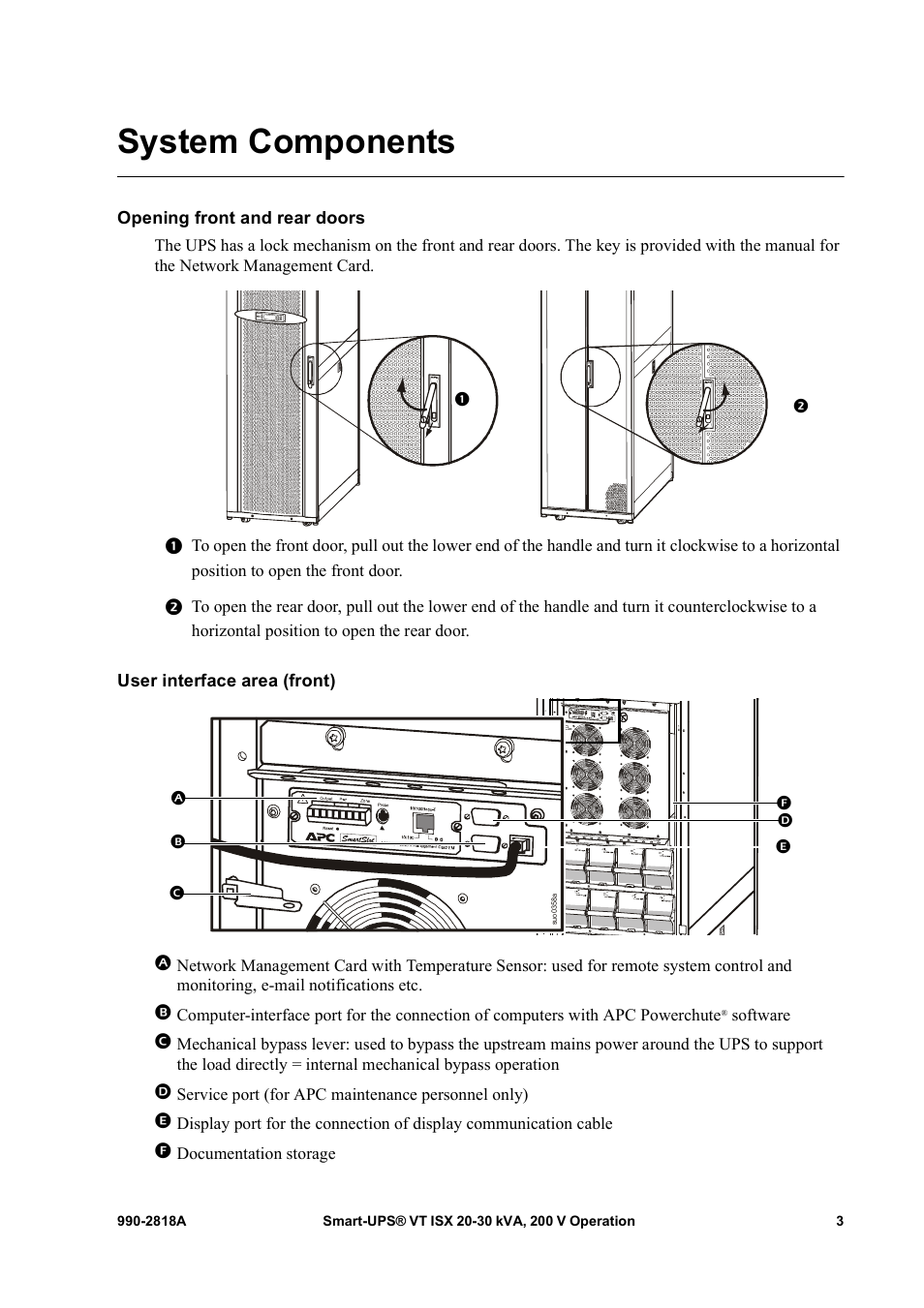 System components, Opening front and rear doors, User interface area (front) | American Power Conversion Smart-UPS User Manual | Page 9 / 36