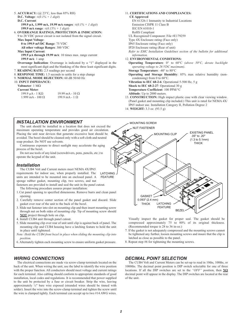 Installation environment, Installation, Wiring connections | Decimal point selection | Red Lion CUB4V User Manual | Page 2 / 4