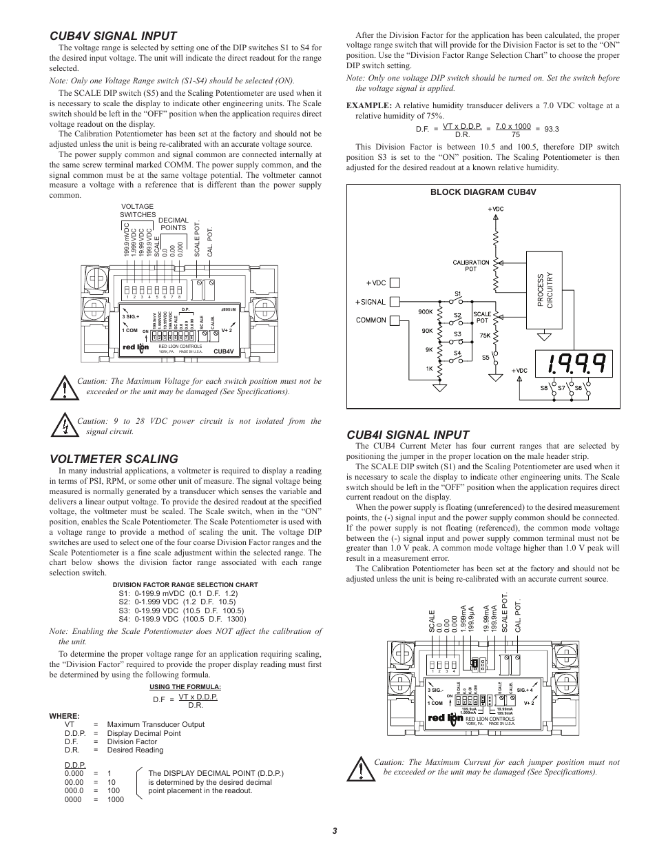 Cub4v signal input, Voltmeter scaling, Cub4i signal input | Red Lion CUB4V User Manual | Page 3 / 4