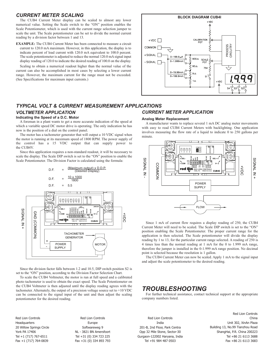 Troubleshooting, Voltmeter application, Current meter application | Red Lion CUB4V User Manual | Page 4 / 4