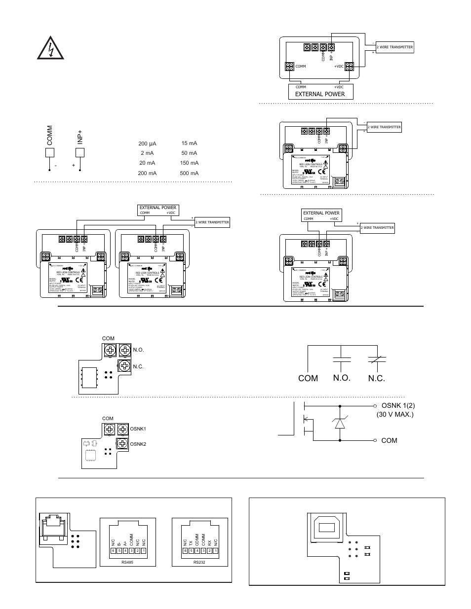 3 input wiring, 4 setpoint (output) wiring, 5 serial communication wiring | 6 usb programming, Com n.o. n.c, Electrical connections, Com osnk 1(2) (30 v max.), Comm inp, External power | Red Lion CUB5I User Manual | Page 5 / 12