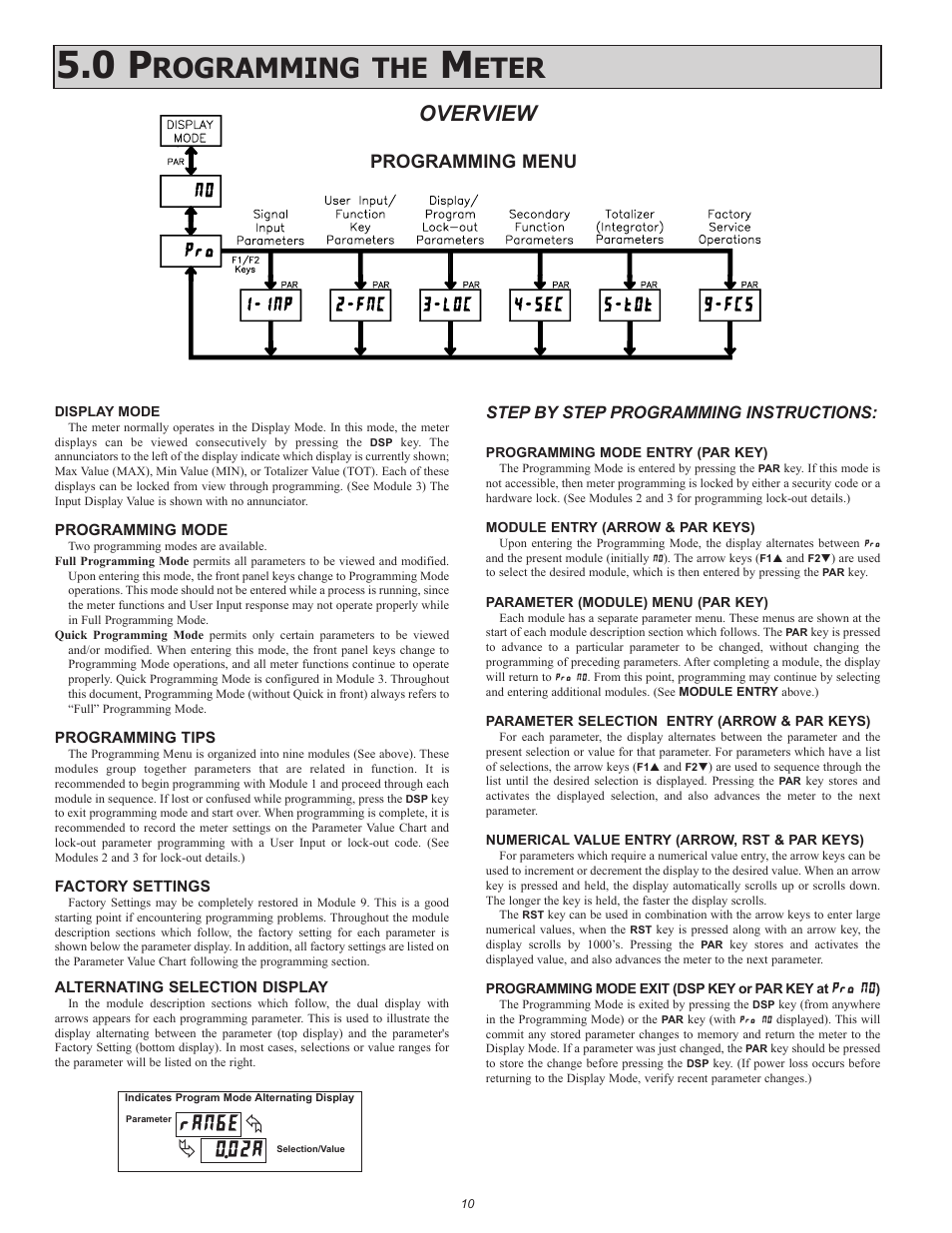Rogramming the, Eter, Overview | Programming menu, Step by step programming instructions | Red Lion DP5T User Manual | Page 10 / 20