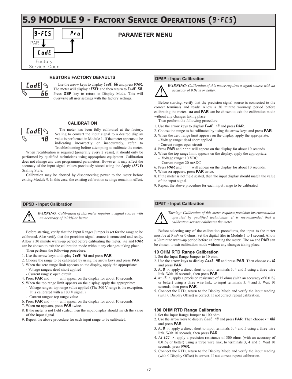9 module 9 - f, Actory, Ervice | Perations, Parameter menu | Red Lion DP5T User Manual | Page 17 / 20