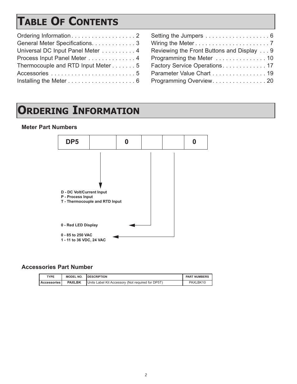 Able, Ontents, Rdering | Nformation | Red Lion DP5T User Manual | Page 2 / 20
