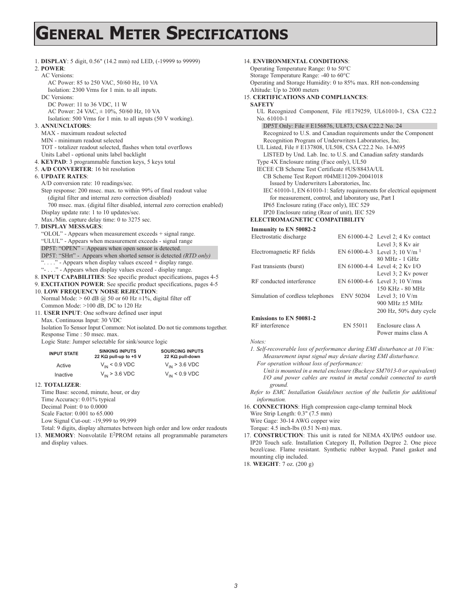 Eneral, Eter, Pecifications | Red Lion DP5T User Manual | Page 3 / 20