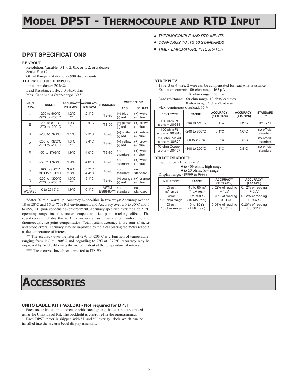 Dp5t - t, Rtd i, Odel | Hermocouple and, Nput, Ccessories, Dp5t specifications | Red Lion DP5T User Manual | Page 5 / 20
