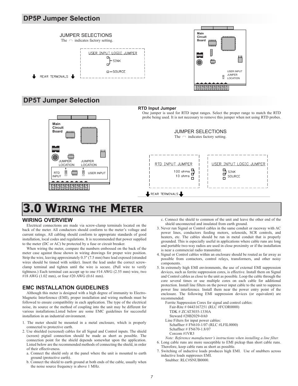 Iring the, Eter, Dp5p jumper selection | Dp5t jumper selection, Wiring overview, Emc installation guidelines | Red Lion DP5T User Manual | Page 7 / 20
