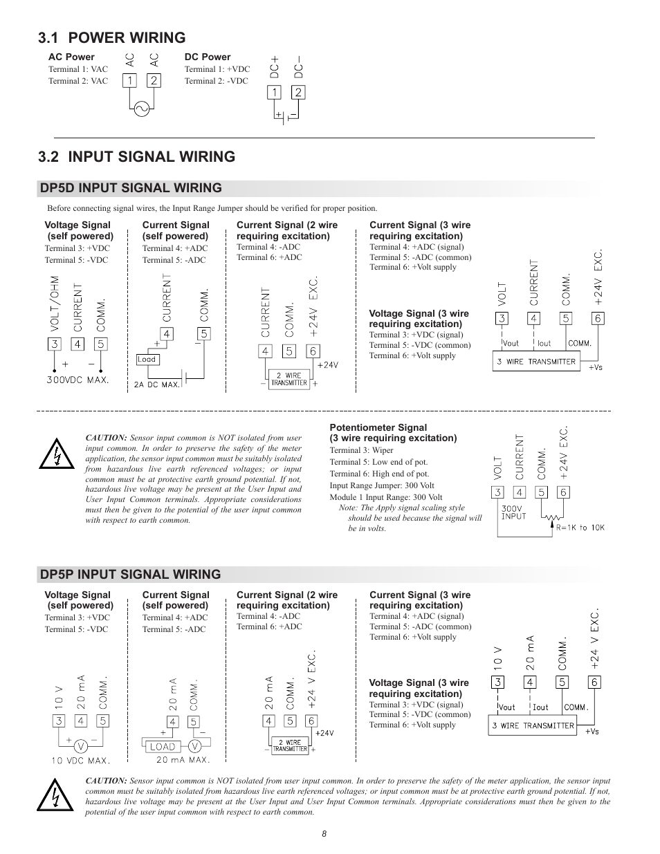 1 power wiring, 2 input signal wiring, Dp5p input signal wiring | Dp5d input signal wiring | Red Lion DP5T User Manual | Page 8 / 20