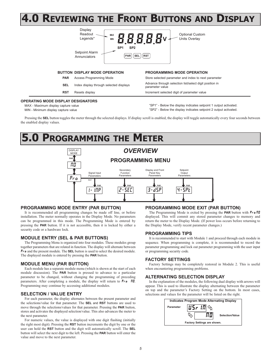 Eviewing, Ront, Uttons | Isplay, N0 usrin, Rogramming, Eter, Overview, Sec 1-inp 4-spt, Programming menu | Red Lion PAXLA User Manual | Page 5 / 12