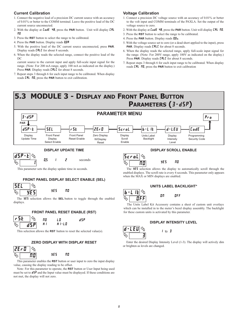 3 module 3 - d, 1dsp-t, Yes sel | No zero, No scrol, 3d-lev, Dsp rst, Off b-lit, Isplay, Ront | Red Lion PAXLA User Manual | Page 8 / 12