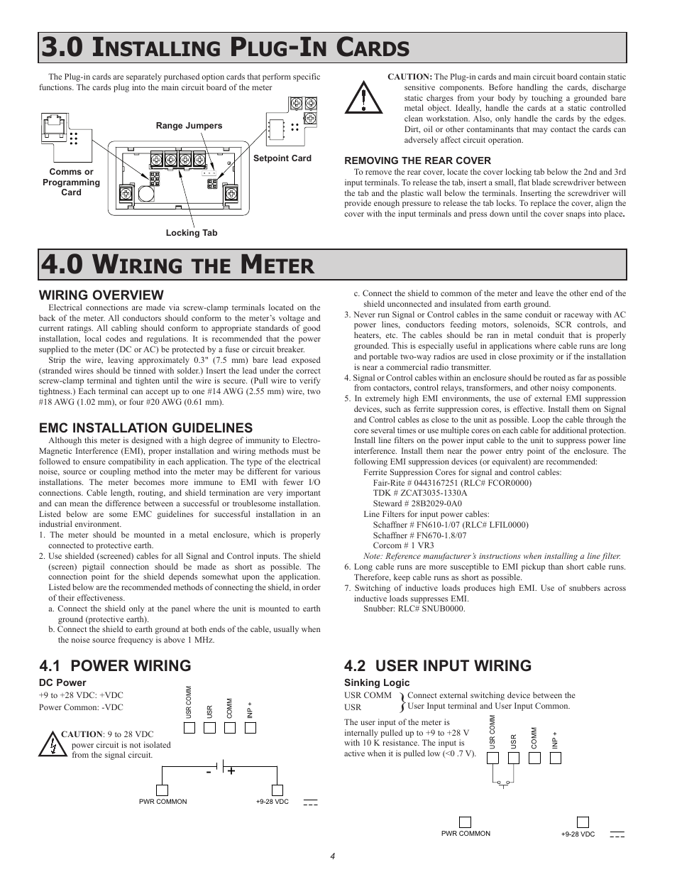 Iring, Eter, Nstalling | Ards, 1 power wiring 4.2 user input wiring, Wiring overview, Emc installation guidelines | Red Lion CUB5V User Manual | Page 4 / 12